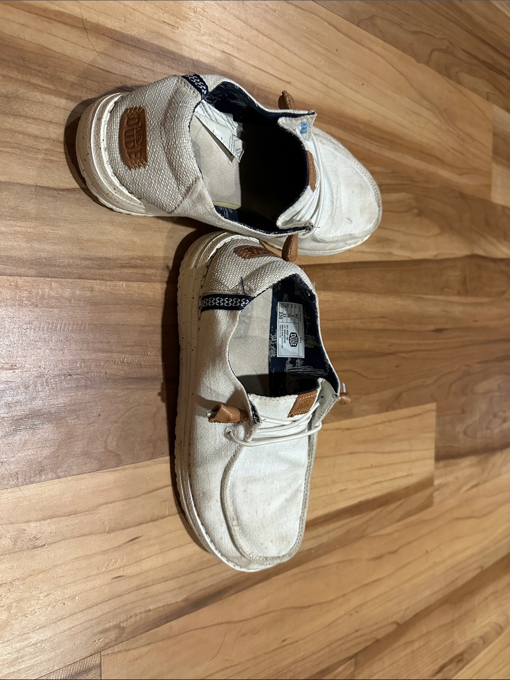 Hey Dude White Canvas Slip-On Sneakers with Tan Accents